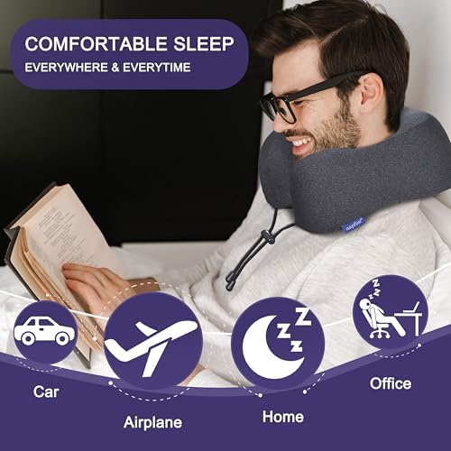 napfun Neck Pillow for Traveling, Upgraded Travel Neck Pillow for Airplane 100% Pure Memory Foam Travel Pillow for Flight Headrest Sleep, Portable Plane Accessories, Full Black - Image 5