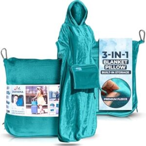 3-in-1 Travel Blanket Airplane – Compact with Bag & Pillow Combo Set, Ultra-Soft Fleece | Packable Blanket Compact | Hidden Pocket | Trolley Sleeve | Carabiner | Travel Essentials (Aqua Teal)