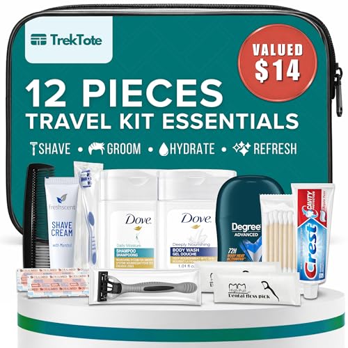Trektote 12 Piece Men’s Travel Hygiene Kit with Toiletries & Grooming Essentials, TSA-Compliant, Clear Cosmetic Bag - Single or Bulk Packs