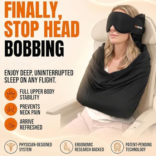 3-in-1 Airplane Sleep Support System - Integrated Plane Sleeping Accessories with Memory Foam Long Haul Flight Pillow, Adjustable Travel Eye Mask, and Blanket-Like Body Sling - Fits in Carry On - Image 2