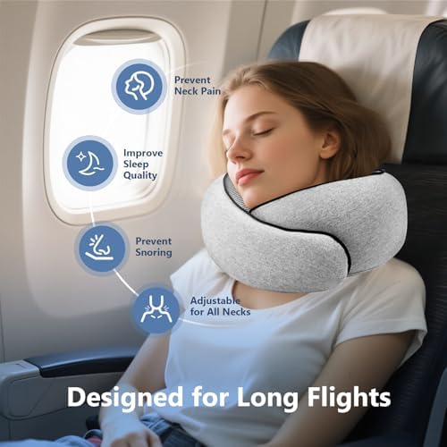 Travel Neck Pillow with 100% Pure Memory Foam, G-Shape, Includes Eye Mask & Ear Plugs, Ergonomic Design for Airplane, Car & Office, etc, Beige Gray - Image 3
