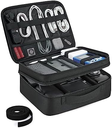 BAGSMART Cable Organizer Bag, Travel Electronics Organizer with Adjustable Divider, Tech Bag Carrying Case, Storage Bag Sturdy Tool Case with Handle for Cellphone Cord Electronics Accessories, Black