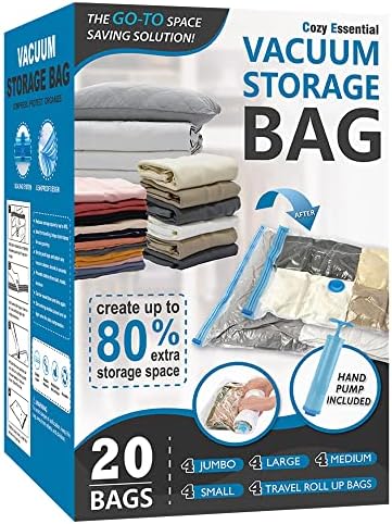Cozy Essential Vacuum Storage Bags, Compression Space Saver Bags for Clothes, Comforters, Blankets, Pillow, Bedding, Sealer Clothing Storage,20 Combo