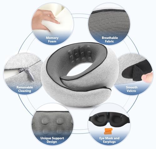 Travel Neck Pillow with 100% Pure Memory Foam, G-Shape, Includes Eye Mask & Ear Plugs, Ergonomic Design for Airplane, Car & Office, etc, Beige Gray - Image 6