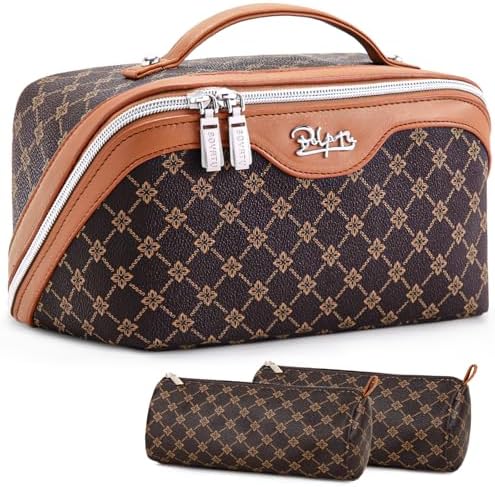 BOYATU Travel Makeup Bag Cosmetic Bags for Women: 3 Pcs Set Large Portable Make up Bag with Handle - Vegan Leather Toiletry Bags with Compartments - Makeup Organizer for Travel Essentials(A-1-Coffee)