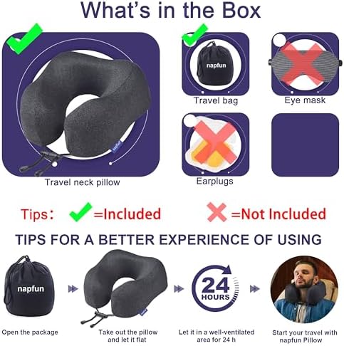napfun Neck Pillow for Traveling, Upgraded Travel Neck Pillow for Airplane 100% Pure Memory Foam Travel Pillow for Flight Headrest Sleep, Portable Plane Accessories, Full Black - Image 6