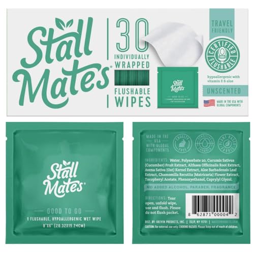 Stall Mates Wipes - Flushable Wipes, Individually Wrapped, Travel Friendly, Unscented with Vitamin-E & Aloe, (30 on-the-go singles)