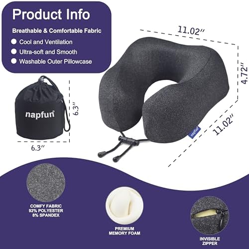 napfun Neck Pillow for Traveling, Upgraded Travel Neck Pillow for Airplane 100% Pure Memory Foam Travel Pillow for Flight Headrest Sleep, Portable Plane Accessories, Full Black - Image 2
