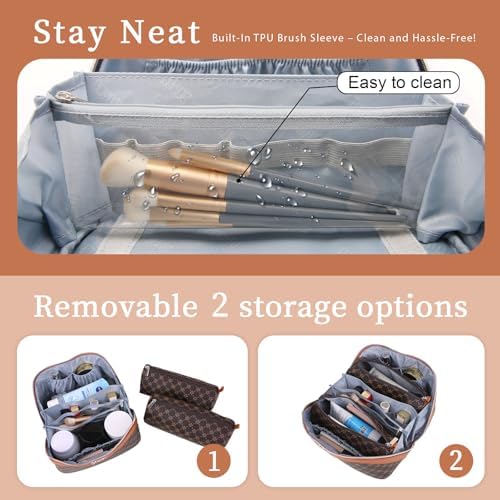 BOYATU Travel Makeup Bag Cosmetic Bags for Women: 3 Pcs Set Large Portable Make up Bag with Handle - Vegan Leather Toiletry Bags with Compartments - Makeup Organizer for Travel Essentials(A-1-Coffee) - Image 4