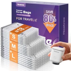 Nicetree 18-Pack Vacuum Seal Bags with Rechargeable Wireless Pump | 3 Sizes (20/24/28 Inch) Travel Vacuum Storage Bags for Clothing, Bedding & Seasonal Storage | Space Saver for Luggage