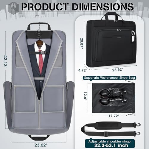 RAINSMORE Garment Bags for Travel Carry On Garment Bag for Hanging Clothes, Suit Bag for Business Trips with Shoes bag & Shoulder Strap, Waterproof Foldable Suit Luggage Bag for Men Women, Black - Image 4