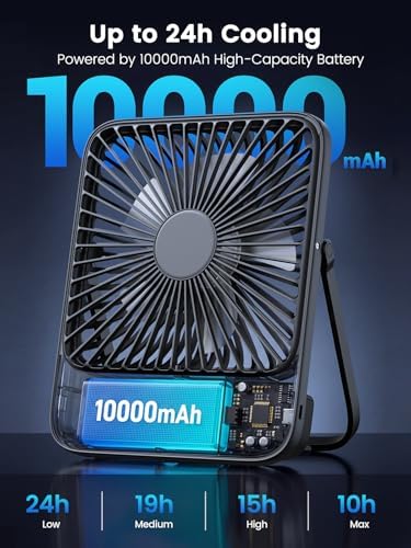 Warmco 10000mAh Portable Travel Fan 7-inch, Max 24H Runtime, Ultra-thin Quiet Rechargeable Battery Operated Desk Fan with Digital Display for Camping, Office, Bedroom, Cruise Essentials - Image 2