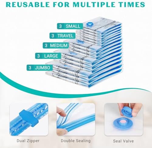 15 Pack Vacuum Seal Bags for Clothing &Travel, Space Saver Vacuum Storage Bags for Blankets,Luggage,Clothes,Comforter, Hand Pump Included (3 Jumbo,3 Large,3 Medium,3 Small,3 Roll） - Image 4