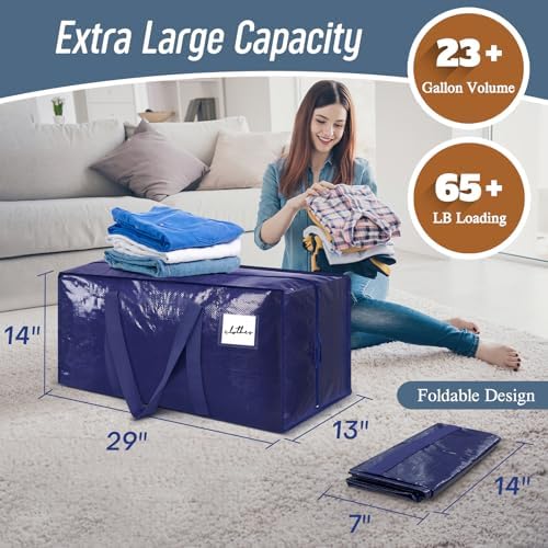 6 Pack Extra Heavy Duty Large Moving Bags with Strong Zipper & Comfortable Handles, Sturdy & Durable Clothes Storage Bags Totes Bins, Blue Packing Moving Boxes for College Supplies, Dark Blue - Image 3
