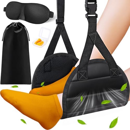 Foot Hammock Airplane Foot Rest for Train, Length Adjustable Travel Essentials with Eye Mask and Earplugs, Desk Foot Rest, Flight Essentials Airplane Foot Hammock (1 Set)