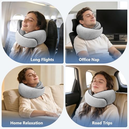 Travel Neck Pillow with 100% Pure Memory Foam, G-Shape, Includes Eye Mask & Ear Plugs, Ergonomic Design for Airplane, Car & Office, etc, Beige Gray - Image 8