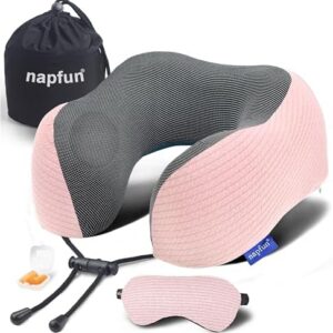 napfun Neck Pillow for Traveling, Upgraded Travel Neck Pillow for Airplane 100% Pure Memory Foam Travel Pillow for Flight Headrest Sleep, Portable Plane Accessories, Pink Striped Kit