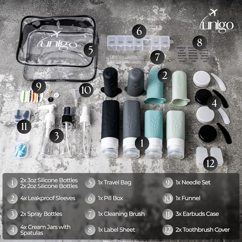 unigo 30 PACK Travel Bottles Set for Toiletries - Leakproof Refillable Travel Size Containers, TSA Approved Bottles with Labels, Brush & Covers for Carry-On Travel - Image 2