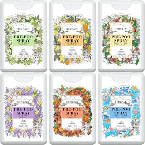 Travel Size Toilet Spray 6-Pack, Travel Essentials Toiletries, Pocket Size Pre-Poo Spray, Bathroom Odor Deodorizer, Up to 240 Uses, 6 Refreshing Scents