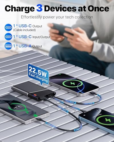 Portable Charger Power Bank, 10000mAh 22.5W PD Fast Charging Powerbank with Built-in USB C Cable, Slim External Phone Battery Pack for iPhone 17/16/15 Samsung S24 Android etc (Grey) - Image 3