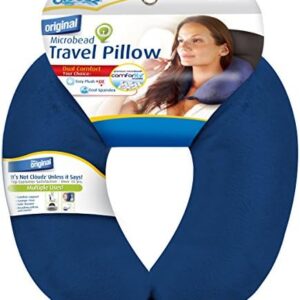 Cloudz Dual Comfort Microbead Airplane Travel Neck Pillow. Super Soft Cozy Plush Fabric on One Side, Cool Relaxing Spandex on The Other! Customize Your Comfort and Support at Home or On The Go!- Blue