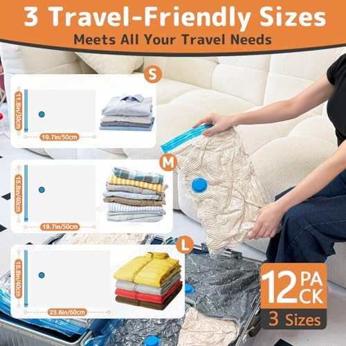 12 Pack Vacuum Bags for Travel with Rechargeable Air Pump, Carry-On Compression Bags for Luggage and Suitcase, Space Saver Storage for Clothing and Travel Organization - Image 4
