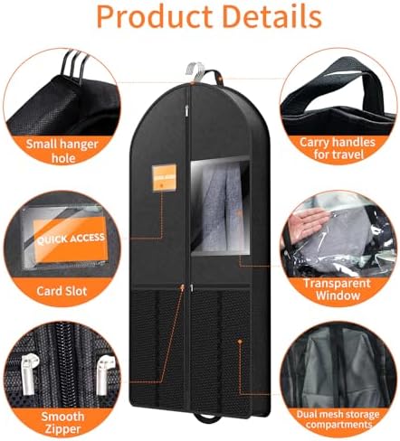 Suit Garment Clothes Travel Bag: 43 inch Lightweight Foldable Black Short Fabric Breathable - Hanging Storage Cover Pockets Zipper for Men - Wardrobe Carry Coat Jacket Uniform Tuxedo Shirt - Image 6