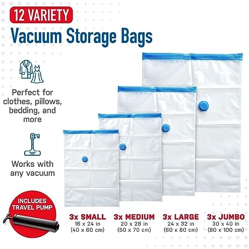 Spacesaver Variety Vacuum Storage Bags for Comforters, Blankets & Clothes – Sealed Compression Bags with Hand Pump – Space Saver Bags for Bedding,Travel & Organization - 3S, 3M, 3L & 3XL - Pack of 12 - Image 3
