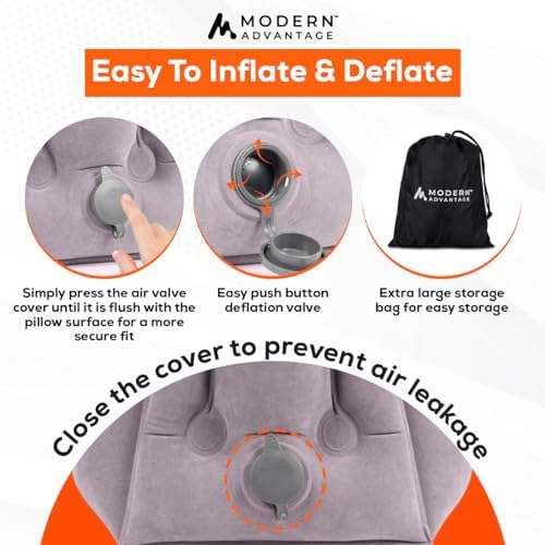 Modern Advantage Inflatable Travel Pillow with Adjustable Extra Bottom Support Neck Pillow for Chin & Head Stability Prevents Neck Pain Plane Pillow for Long Flight Travel - Eye Mask & Earplugs - Grey - Image 7