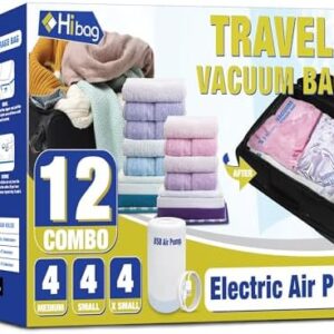 HIBAG Travel Vacuum Bags with Electric Pump for Luggage and Suitcase, Vacuum Seal Compression Packing Bags for Clothes Clothing, Combo 12 Pack