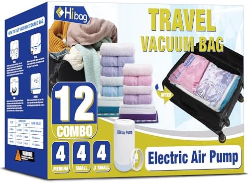 HIBAG Travel Vacuum Bags with Electric Pump for Luggage and Suitcase, Vacuum Seal Compression Packing Bags for Clothes Clothing, Combo 12 Pack