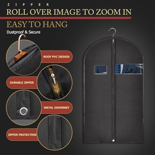 5 Pack 40-inch Suit Bag Garment Bag for Travel and Storage, Garment Bags for Hanging Clothes with Zipper and Visible Transparent Window, Black - Image 2