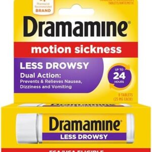Dramamine Motion Sickness Less Drowsy, Travel Vial, Multicolor, 8 Count