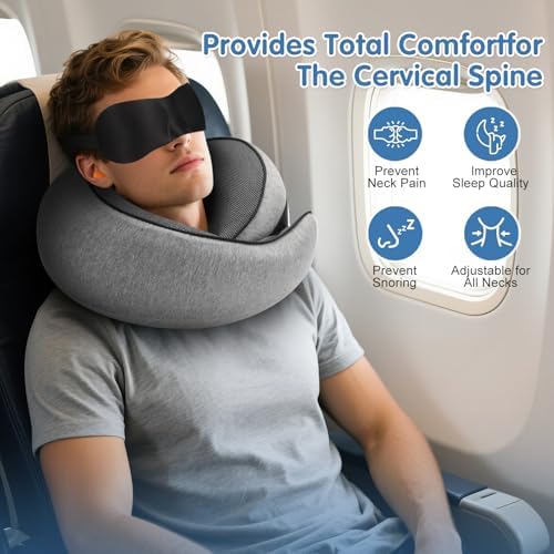 Travel Neck Pillow, Memory Foam Neck Support for Airplane, Car & Office, Breathable Portable Design with Eye Mask, Earplug Holder & Carry Bag, for Men&Women - Image 2