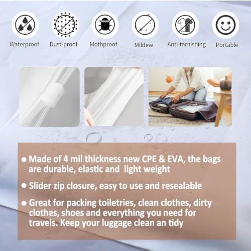 (20 pcs Value Pack) Travel Luggage Organizer Bags, Assorted Sizes, 4Mil Resealable Slider Zip Plastic Clothing Packaging, Frosted Travel/Home Storage and organizing Pouches, Space Saver Bag - Image 3