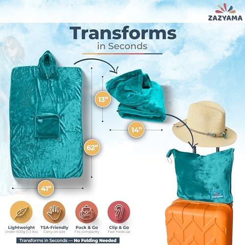 3-in-1 Travel Blanket Airplane – Compact with Bag & Pillow Combo Set, Ultra-Soft Fleece | Packable Blanket Compact | Hidden Pocket | Trolley Sleeve | Carabiner | Travel Essentials (Aqua Teal) - Image 4