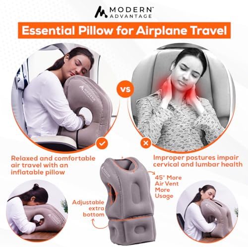 Modern Advantage Inflatable Travel Pillow with Adjustable Extra Bottom Support Neck Pillow for Chin & Head Stability Prevents Neck Pain Plane Pillow for Long Flight Travel - Eye Mask & Earplugs - Grey - Image 4
