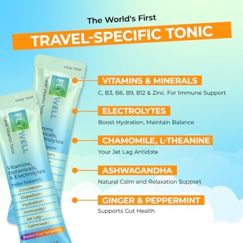 Travel Vitamin Tonic for Flight, Jet Lag, Hydration, Circulation, Digestion & Immune Support, Promotes Calmness, Electrolyte Powder, Travel Essentials, Passion Fruit Tangerine, 15 Sticks - Image 2