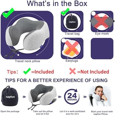 napfun Neck Pillow for Traveling, Upgraded Travel Neck Pillow for Airplane 100% Pure Memory Foam Travel Pillow for Flight Headrest Sleep, Portable Plane Accessories, Light Grey - Image 6