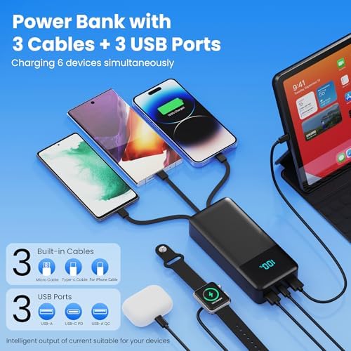 Portable Charger 50800mAh Power Bank with 3 Built in Cables,25W PD QC4.0 Fast Charging USB C Battery Pack,6 Outputs 2 Inputs Travel Essentials Portable Phone Charger for iPhone 17/16/15,Google,Android - Image 3