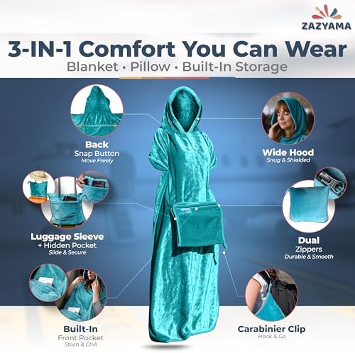3-in-1 Travel Blanket Airplane – Compact with Bag & Pillow Combo Set, Ultra-Soft Fleece | Packable Blanket Compact | Hidden Pocket | Trolley Sleeve | Carabiner | Travel Essentials (Aqua Teal) - Image 3