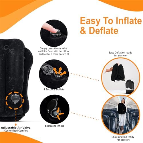 Inflatable Travel Pillow - Airplane Pillow for Neck Support on Long Flights, Buses, Cars, Office & Trains - Comes with Eye Mask, Earplugs & Portable Drawstring Bag - Black - Image 4