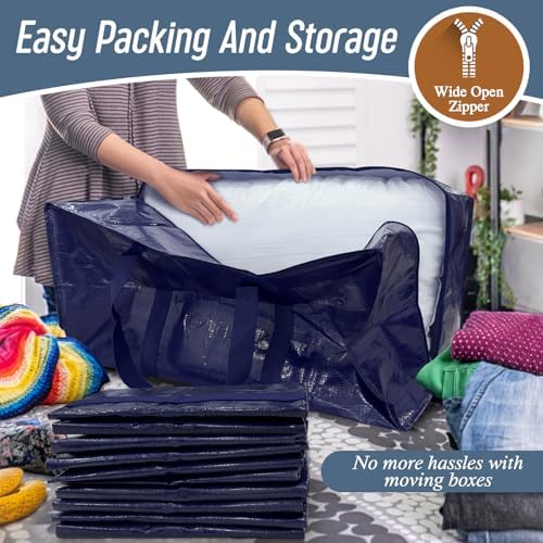 6 Pack Extra Heavy Duty Large Moving Bags with Strong Zipper & Comfortable Handles, Sturdy & Durable Clothes Storage Bags Totes Bins, Blue Packing Moving Boxes for College Supplies, Dark Blue - Image 5