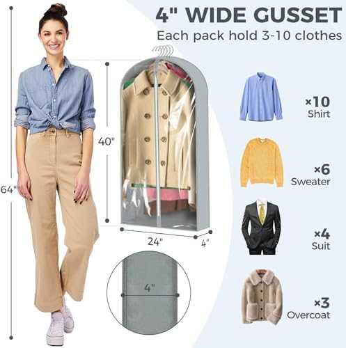 6 pcs 40" Garment Bags for Hanging Clothes, Clear Suit Bags for Closet Storage Clothing Storage, Garment Bags for Travel Covers with 4" Gussets for Coats, Jackets, Shirts and Sweater - Image 3