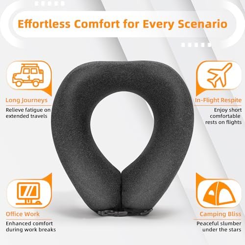Neck Pillow Airplane Travel Set - Pure Memory Foam Travel Neck Pillow, Plane Pillow for Long Flights Essentials, Sleeping with 3D Contoured Eye Mask, Earplugs, Portable Bag (Darkgray-M) - Image 4