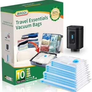 BRODI 10 Combo Pack Travel Vacuum Bags with Pump - Space Saver & Travel Essentials, Clothing & Luggage Vacuum Seal Bags