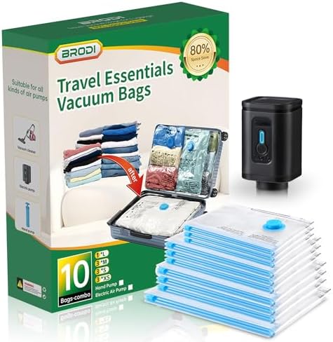 BRODI 10 Combo Pack Travel Vacuum Bags with Pump - Space Saver & Travel Essentials, Clothing & Luggage Vacuum Seal Bags