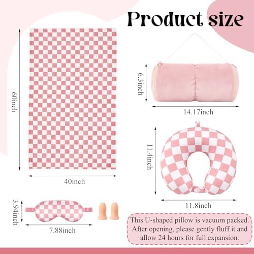 5 Pcs Travel Pillow and Blanket Set, 5 in 1 Travel Airplane Compact Includes 40 x 60 Inch Throw Blanket Eye Mask Neck Pillow Earplug and Bag Gifts for Travelers Women(Checkered,Pink) - Image 2