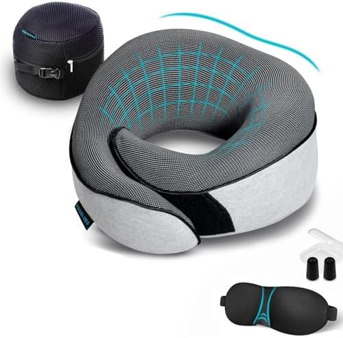 Proglobe Travel Neck Pillows for Airplanes, Sleeping Essentials for Long haul Flights, 360° Head Support, Car and Airplane Kit with 3D Contoured Eye Mask, Earplugs and Luxury Mesh Bag (Adult, Grey)