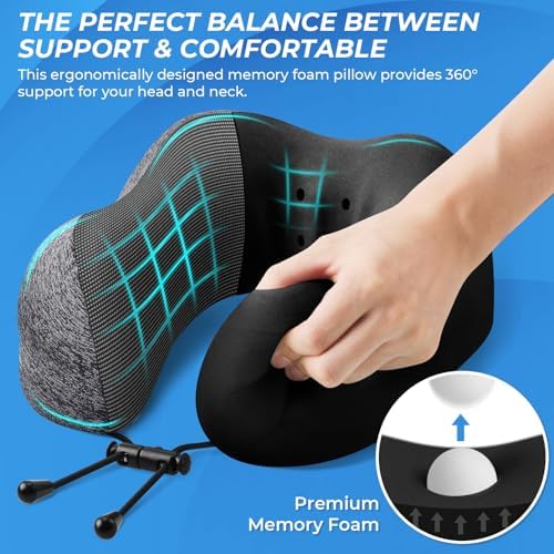Travel Pillow, Travel Pillows for Sleeping Airplane, Removable Cover Neck Pillow with Adjustable Clasp, Memory Foam Neck Pillow Set with Eye Mask, Earplugs and Storage Bag (Dark Grey) - Image 3